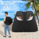 Oversized black pop-up shower tent with window, designed for two, featuring storage pockets and quick setup for outdoor.