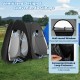 Oversized pop-up shower tent in black with half-round window, designed for 2 persons, featuring storage pockets and.