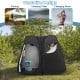 Oversized black pop-up shower tent with window, designed for two users, ideal for camping, fishing, or changing.