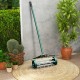 18-inch rolling lawn aerator with hollow-handle design for lightweight use and efficient soil aeration in gardens.