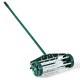 18-inch rolling lawn aerator with protective baffle and rubber handles, designed for easy soil perforation in gardens.