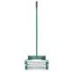 18-inch rolling lawn aerator with protective baffle and rubber handle for easy soil perforation and aeration.