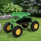 Garden cart rolling work seat in green with heavy-duty tool tray and large rubber wheels for comfortable gardening.