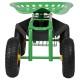 Green garden cart rolling work seat with heavy-duty tool tray, featuring large wheels and ergonomic design for.