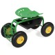 Garden cart rolling work seat in green with tool tray, ergonomic design, and large rubber wheels for easy mobility.