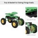 Garden cart rolling work seat in green with tool tray and back basket, designed for comfortable gardening use.