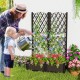 Raised garden bed with trellis for climbing plants, featuring a self-watering system, ideal for flowers and vegetables.