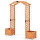Wooden garden arbor with trellis and two planter boxes for climbing plants, ideal for outdoor decoration and gardening.