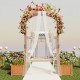 Wooden garden arbor with floral decorations, featuring planter boxes and a trellis for climbing plants, ideal for.