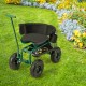 Rolling garden cart with height adjustable swivel seat, storage basket, and 10" inflatable wheels for easy mobility in.