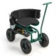 Rolling garden cart with height adjustable swivel seat, storage basket, and 10" inflatable wheels for easy mobility.