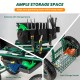 Rolling garden cart with height adjustable swivel seat, backrest storage, and bottom tool tray for convenient gardening.