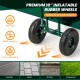 Close-up of premium 10" inflatable rubber wheels on a green rolling garden cart, designed for shock absorption and.