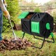 Dual chamber garden compost tumbler in black and green, featuring sliding doors for easy access and 360° rotation.