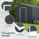 Outside storage shed with sliding door, ventilated air windows, and ramp design for easy access and durability.
