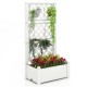 Self-watering outdoor planter box with vertical trellis, 14 gal capacity, ideal for vegetables and climbing plants.