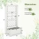 Self-watering raised garden bed trellis in greyish-white with dimensions, water level indicator, and 14-gal capacity.