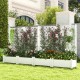 Self-watering outdoor planter box with trellis, greyish-white, ideal for vegetables and climbing plants in gardens.