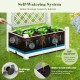 Self-watering outdoor planter box with trellis and water level indicator, ideal for vegetables and climbing plants.