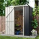 Side view of the 4 x 3 FT gray metal outdoor storage shed, showcasing its spacious interior for yard and tool.