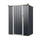 Metal outdoor storage shed with lockable door, gray color, ideal for yard organization and tool storage.