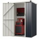 Metal outdoor storage shed with lockable door, gray color, featuring ample space for organizing tools and equipment.