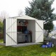 7 x 4 feet gray metal outdoor storage shed with lockable door, spacious interior for organizing tools and equipment.