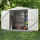 Metal outdoor storage shed with lockable door, featuring a pitched roof and ample space for organizing tools and.