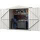 Metal outdoor storage shed with lockable door, featuring a spacious interior for tools and organization, ideal for.