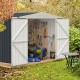 Metal outdoor storage shed with lockable door, featuring ample space for organization and a pitched roof for drainage.