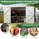 Metal outdoor storage shed with lockable door, featuring ample space for tools, trash, and utility items in gray.