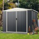 Metal outdoor storage shed with lockable door, gray, featuring a pitched roof and ample space for organizing tools.