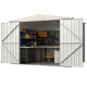 Metal outdoor storage shed with lockable door, featuring a pitched roof and ample space for organizing tools and.