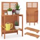 Folding garden potting bench with teak oil finish, featuring 2-tier storage shelves for plants and tools, ideal for.