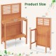 Folding garden potting bench with teak oil finish, featuring 2-tier storage shelves and slatted design for drainage.