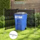32-gallon trash can enclosed by a black PVC fence panel, showcasing dimensions for outdoor use and stability features.