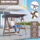 2-person porch swing with fir wood stand and adjustable silver-coated canopy for outdoor relaxation by the pool.