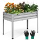 Galvanized raised garden bed with legs, featuring vibrant flowers and included gloves for easy assembly and gardening.