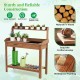 Outdoor wooden garden table work station with storage shelves, removable sink, and waterproof fir wood construction.