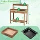 Outdoor wooden garden table work station with removable sink, storage drawer, and slatted bottom shelf for organization.