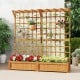 Wooden planter container with trellis and hanging roof, featuring stable legs and elegant lattice design for garden.