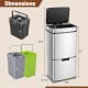 Stainless steel 19-gal trash can with detachable kitchen waste bin and two bottom recycling bins, dimensions shown.