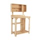 Garden wooden potting table workstation with upper storage shelf and two open shelves for planting tools, made of.