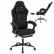 Height adjustable gaming chair in black with headrest, lumbar support, and retractable footrest for optimal comfort.