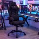 Gaming chair with a sleek black design, featuring a padded seat and lumbar support for enhanced comfort during gaming.