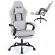 Gaming chair in gray with ergonomic design, adjustable height, reclining backrest, and retractable footrest for comfort.