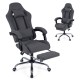 Height adjustable gray gaming chair with headrest, lumbar support, and retractable footrest for optimal comfort.