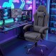 Height adjustable gray gaming chair with headrest and lumbar support, designed for comfort during long gaming sessions.