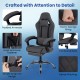 Gaming chair with adjustable height, headrest, and lumbar support, featuring padded armrests and a reclining backrest.