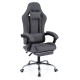 Height adjustable gray gaming chair with headrest, lumbar support, and reclining backrest for optimal comfort.